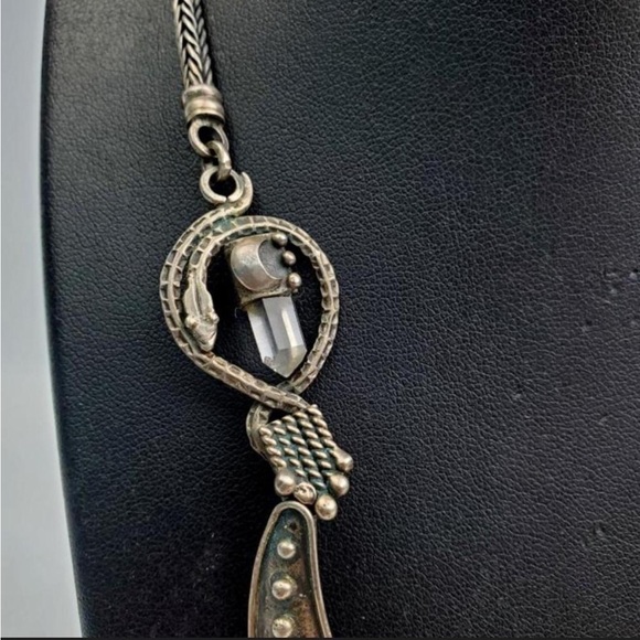 VINTAGE 950 silver quartz crystal lapis blue artisan Handmade bib necklace snake - Picture 3 of 16